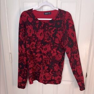 Jones New York Red and Black Floral Button Down Sweater 77% silk